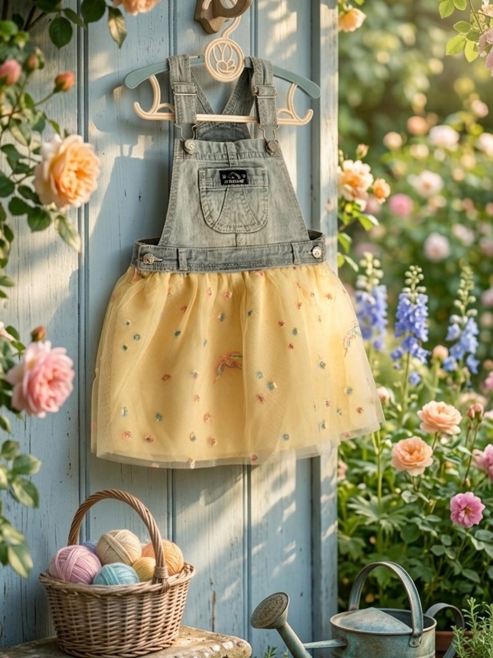 ​Jordache Denim & Tulle Jumper Dress Toddler Girls Size 3T Floral Embroidered